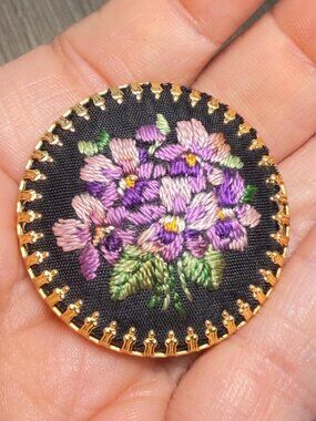 Vintage Handmade Needlepoint Flower Brooch Purple Floral Embroidered Pin